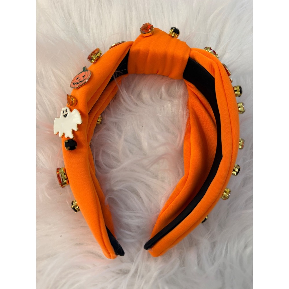 Halloween Orange Top Knot Headband Ghost Pumpkin Boo Rhinestone Embellished